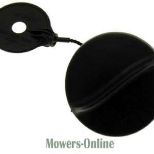 Lawn mower fuel cap with tether strap
