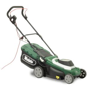 Electric lawn mower with cord and handles.