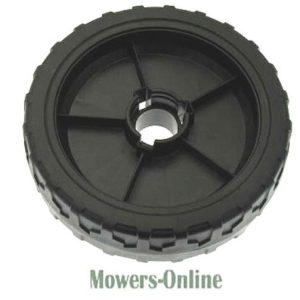 Lawn mower wheel with rubber tread