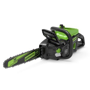 Petrol chainsaw with green and black housing
