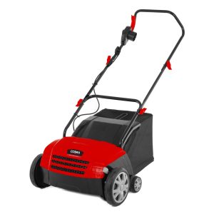 Red and black electric lawn dethatcher with handle
