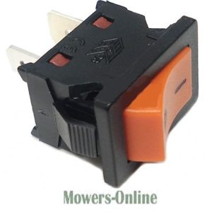 Orange and black rocker power switch for lawn mower