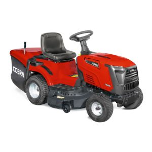 Cobra red ride-on lawn mower with grass catcher