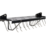 Tractor-mounted soil harrow implement with teeth