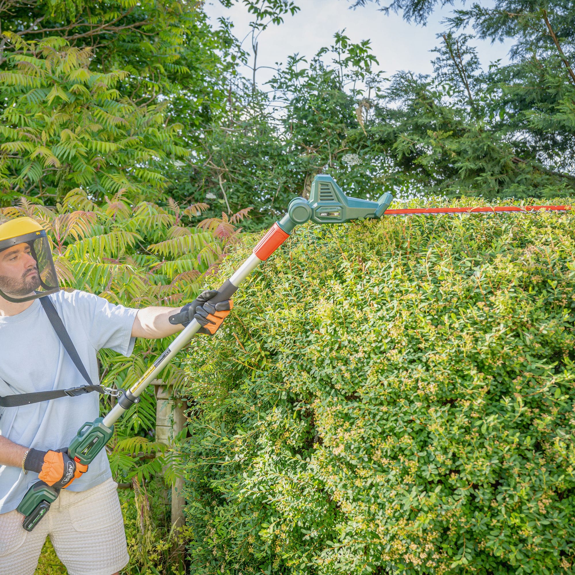 dxhtu4ees0l.jpg - Mowers Online Man using pole hedge trimmer on shrub