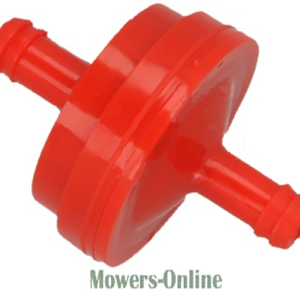 Red fuel filter with barbed hose connectors