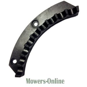 Curved lawn mower blade with teeth.