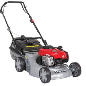 Self-propelled petrol lawn mower with red engine