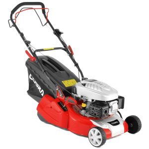 Red and black push lawn mower with handles