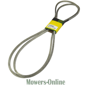 Lawn mower belt with yellow label