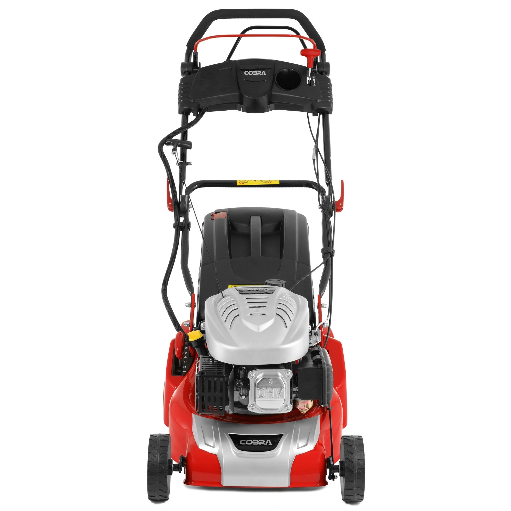 g0fwmdbghob-1.jpg - Mowers Online Red and white self-propelled lawn mower, top view