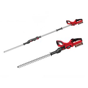 Two cordless hedge trimmers with extended poles