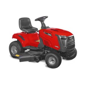 Red ride-on lawn mower with grass collection bag