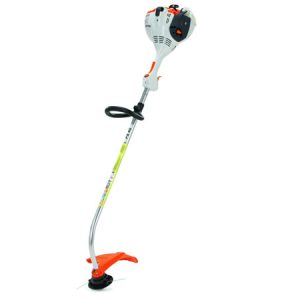 Gas-powered string trimmer with curved shaft