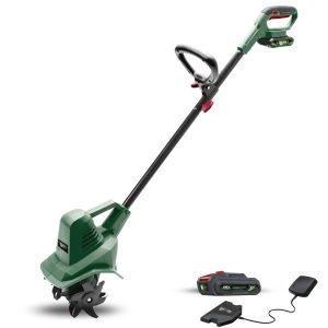 Cordless electric garden cultivator with battery and charger