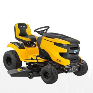 Yellow and black riding lawn mower with seat
