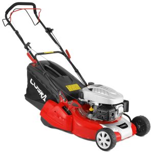 Red and black push lawn mower with engine