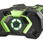 Green and black wireless remote control with power button