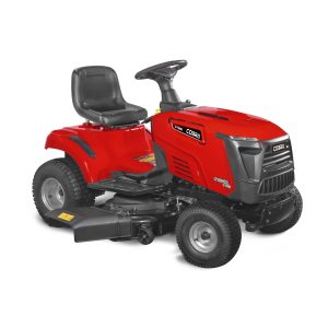Red ride-on lawn mower with deck and seat