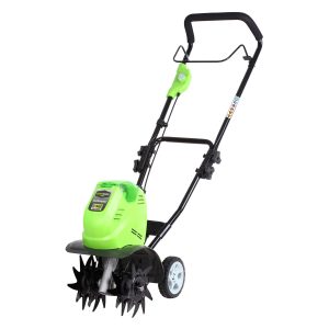 Electric cultivator with tines and wheels