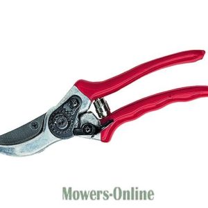 Red handled pruning shears with curved blade