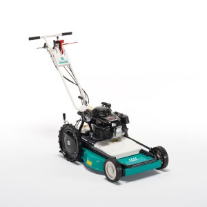 Petrol-powered walk-behind lawn mower with overhead bar