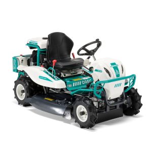 Turquoise and white ride-on lawn mower with seat
