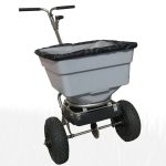 Wheeled fertilizer spreader with hopper and handle
