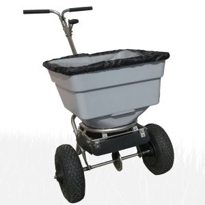 Wheeled fertilizer spreader with hopper and handle