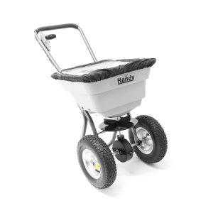 Handy push broadcast spreader with pneumatic tires