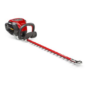 Red gas-powered hedge trimmer with extended blade