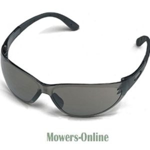 Safety glasses with curved black frames and gray lenses