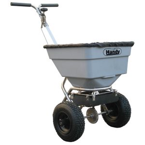 Handy push-type fertilizer spreader with wheels
