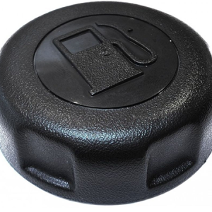 Black plastic fuel cap with hinged flap.