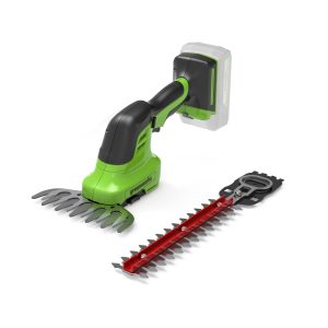 Cordless hedge trimmer with interchangeable cutting heads