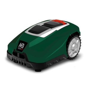 Robotic lawn mower with green body and white roof panel