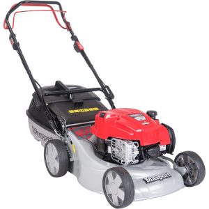 Red and silver push lawn mower with gas engine