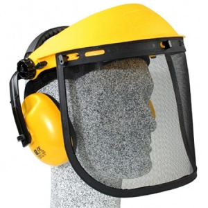 Yellow safety helmet with mesh face shield and ear protection