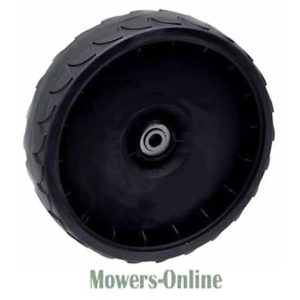 Black plastic mower wheel with tread pattern