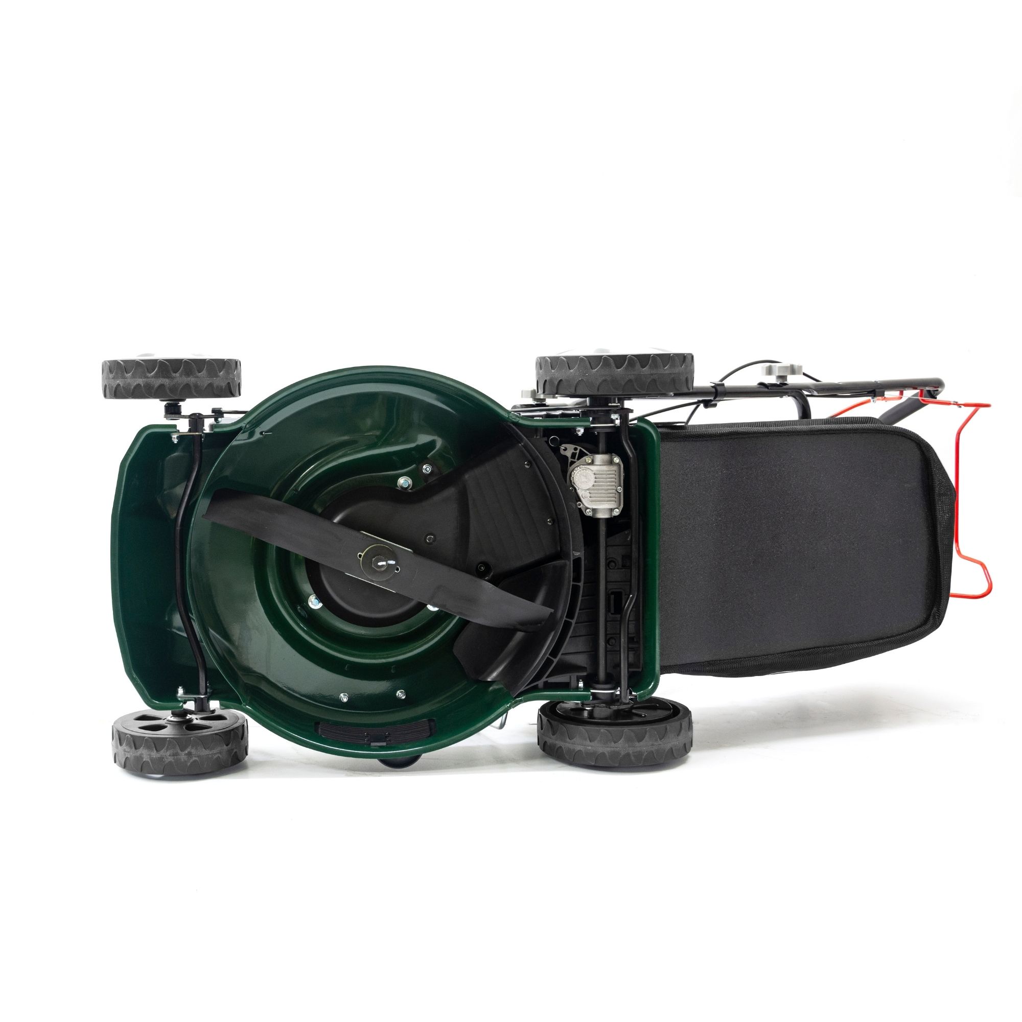 l1dvb43opae.jpg - Mowers Online Rear view of green lawn mower with bag