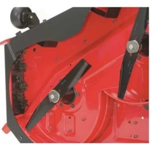 Red lawn mower chute and discharge assembly