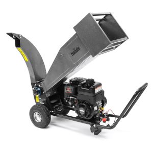 Gas powered wood chipper with engine and chute