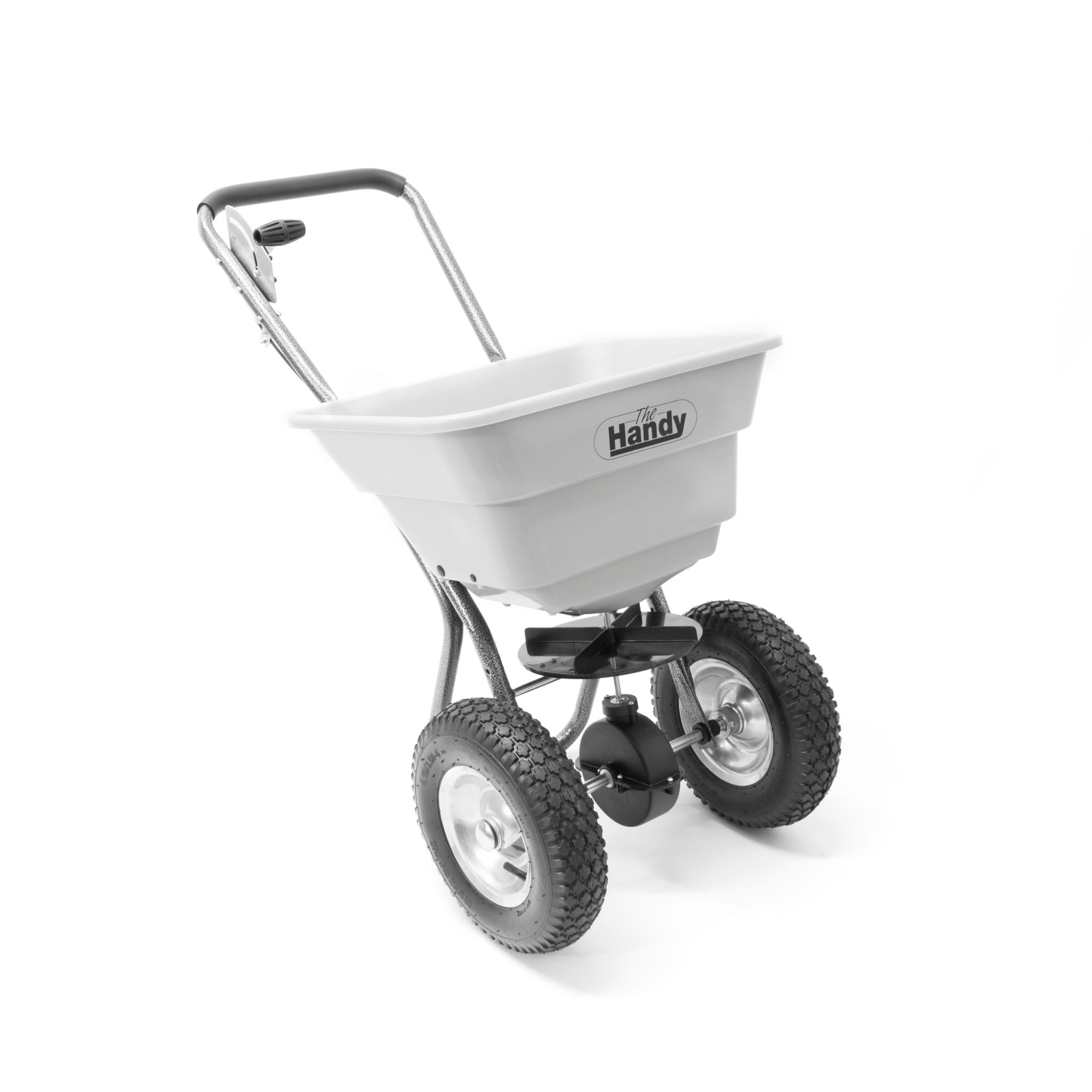 lfhqw0b53h4.jpg - Mowers Online Handy push spreader with white hopper and pneumatic tires
