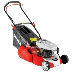 Red and black push lawn mower with handles