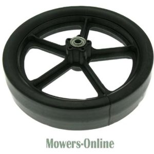 Lawn mower wheel with black plastic rim