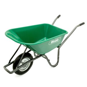 Green wheelbarrow with single wheel