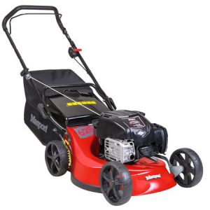 Red and black push lawn mower with engine