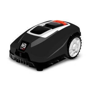 Robotic lawn mower with white wheels