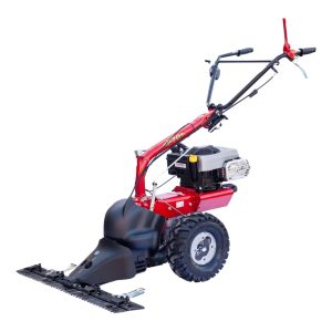 Red and black walk-behind tiller with cultivator attachment
