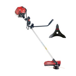 Gas string trimmer with curved shaft and head